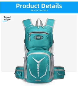 Detailed front view of turquoise cycling backpack showing water bag compartment and reflectors