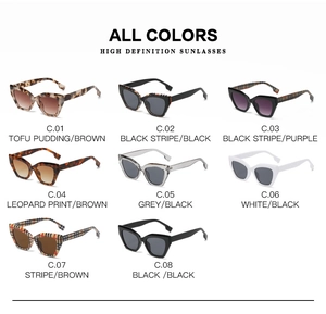 Collection of cat eye sunglasses in various patterns like leopard and classic checks