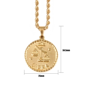 18K gold plated Libra zodiac coin necklace pendant with dimensions 25mm by 34.5mm