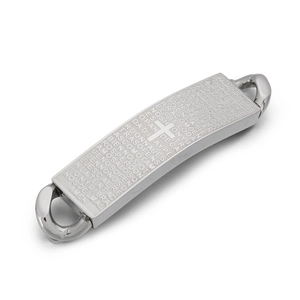 Polished stainless steel curved plate charm with engraved Spanish Lord's Prayer