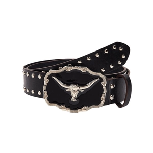 Black leather belt featuring punk rivets and a large metal bull head buckle on white background