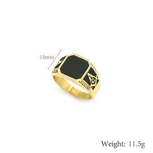 Men's vintage gold Freemason ring with black enamel top and G symbol engraving