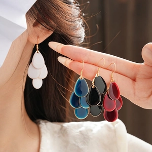 Three-layer water drop tassel earrings with colorful drip oil and gold hooks
