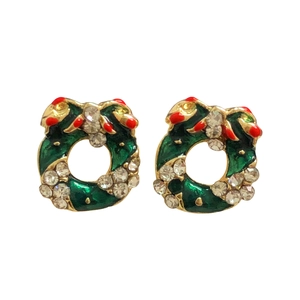 Sparkling Christmas wreath stud earrings with green enamel and crystal bow accents