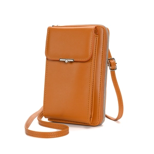 Orange brown crossbody phone bag with adjustable strap and dual zipper compartments