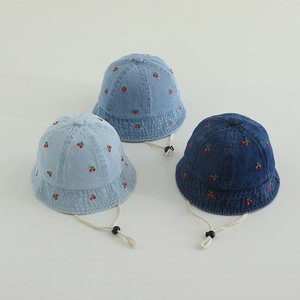 Toddler Baby Girl Bucket Hat Cotton Denim Embroidered Cherry Sun Protection Adjustable Windproof Rope Summer