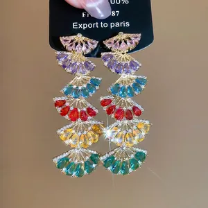 Orecchini Pendenti A Ventaglio Con Zirconi Colorati Perno In Argento Gioielli In Rame Vintage Gradiente Arcobaleno