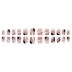 24 stuks korte ronde plaknagels met minimalistische nude wit en zwart geometrische patronen