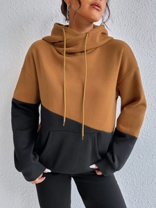 Women's streetwear loose drawstring hoodie with contrast color design in brown and black