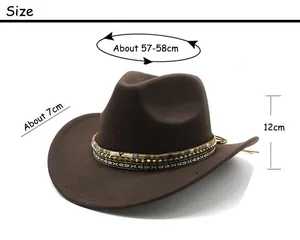 Size chart for brown felt cowboy hat with 57-58cm head girth and 7cm brim width details