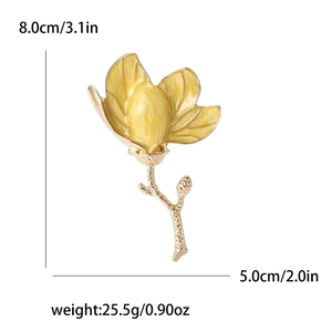 Detailed size specifications for the yellow enamel magnolia flower brooch in gold finish