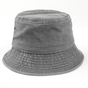 Detail of washed dark grey cotton bucket hat with metal eyelets and fine stitching