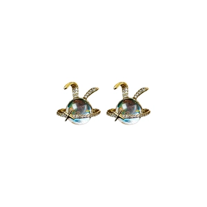 Cute bunny orb earrings with sparkling zircon stars and golden plated resin galaxy beads