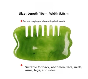 Detail view of resin gua sha massage comb showing the 10cm x 5.8cm size and wavy teeth