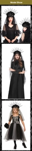 Close-up of Gothic Halloween bridal veil featuring black roses, spikes, and lace veil details
