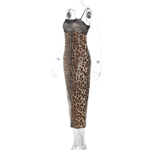 Detailed view of leopard print dress featuring black lace trim and slim fit silhouette