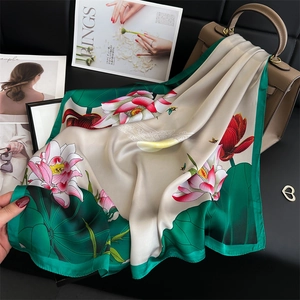 Lotus Floral Print Square Neck Scarf Imitation Satin Smooth Scarf Artistic Elegant Wrap Fashionable Accessory For Women