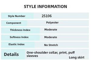 Size chart detail showing polyester fabric specs for the printed puff sleeve long dress