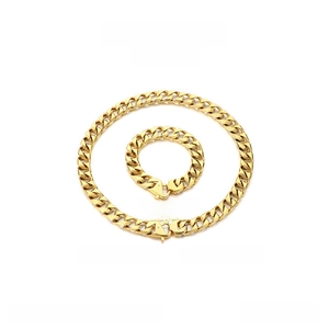 Polished gold curb link chain set with 13mm wide stainless steel necklace and bracelet