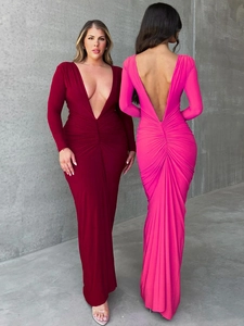Elegant deep V-neck backless maxi dress with pleated details and long sleeves for women