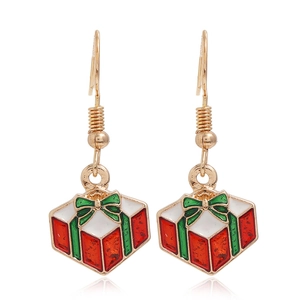 Detail of Christmas gift box earrings featuring red and green enamel on gold hooks