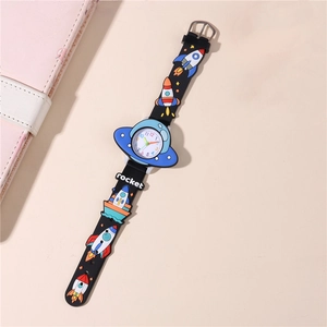 Cartoon rocket spaceship kids watch with black silicone embossed strap for boys and girls