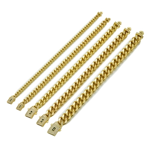 Detailed comparison of five gold-plated Cuban chain bracelets with diamond-set box clasps