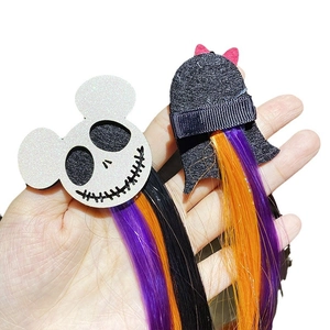 Halloween glitter hair clips featuring skull and ghost designs with colorful wig extensions