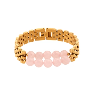 Bracelet style montre en acier plaqué or 18K avec perles en pierre naturelle rose