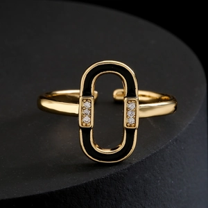 18K gold plated adjustable ring with black enamel oval piece and sparkling zircon stones