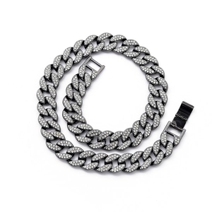 15mm high quality hip hop Cuban link necklace with black metal and sparkling rhinestones