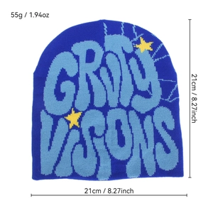 Deep blue knit beanie with light blue Gravity Visions lettering and yellow star pattern
