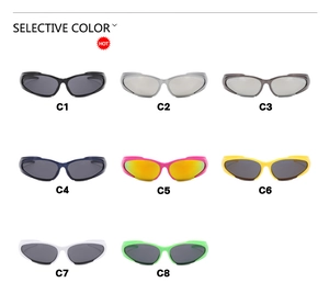 Selective color chart showing eight vibrant Y2K style cyber sports sunglasses in a grid