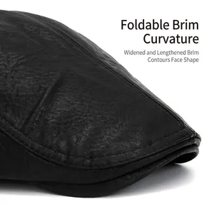 Men's retro black leather ivy cap with foldable brim and textured stitch detail