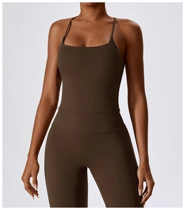 Detail of dark brown breathable yoga set featuring a camisole top and high-waist leggings