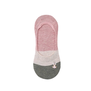 Pink and beige striped cotton invisible socks with cute animal embroidery on white background