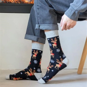 Mid-calf Christmas cotton socks with reindeer and snowflake patterns in black and grey