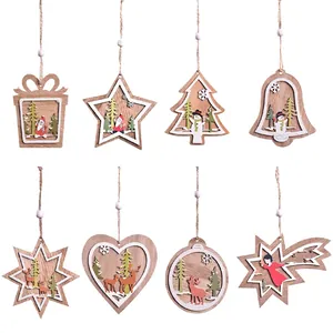 Set of 8 laser-cut wooden Christmas ornaments with 3D hollow patterns and hanging ropes