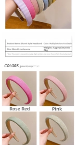 Detail showing colorful braided headbands with 38cm circumference and 22g weight