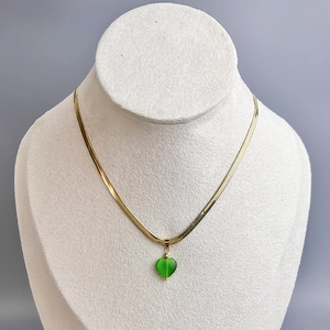 18K gold plated stainless steel flat snake chain necklace with green heart stone pendant