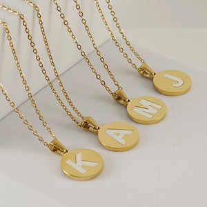 18K gold plated stainless steel necklaces with shell letter pendants K, A, M, and J