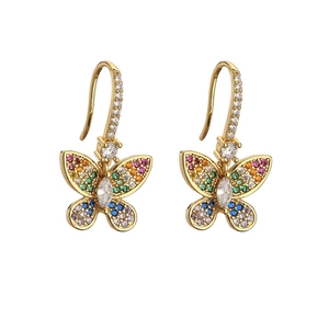 Golden butterfly drop earrings with colorful zircon stones and rainbow micro-pave crystals
