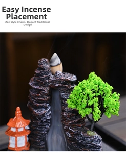 Detail of mountain resin backflow incense burner showing flowing smoke and green tree
