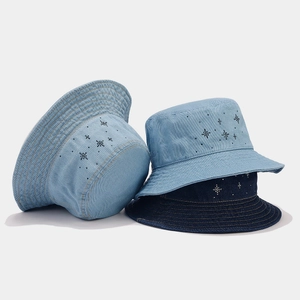 Three shades of denim bucket hats with sparkling star patterns for outdoor sun protection
