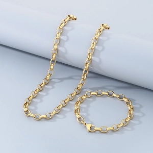 Polished gold stainless steel oval link chain necklace and bracelet set for women and men