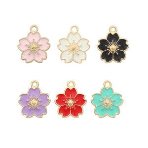 Set of six colorful alloy cherry blossom charms for DIY jewelry making in a grid layout