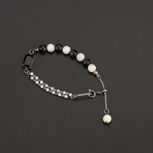 Hip-hop style titanium steel bracelet with black stone and white turquoise beads