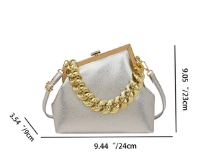 Detailed view of silver trapezoid bag with dimensions 24cm by 23cm by 9cm