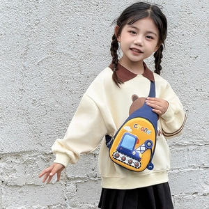 Cute cartoon crane car chest bag for kids with yellow and navy blue canvas strap
