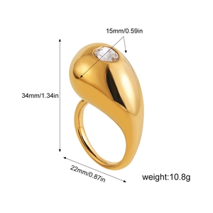Macro detail of gold plated teardrop ring with dimensions 34mm height and 15mm width